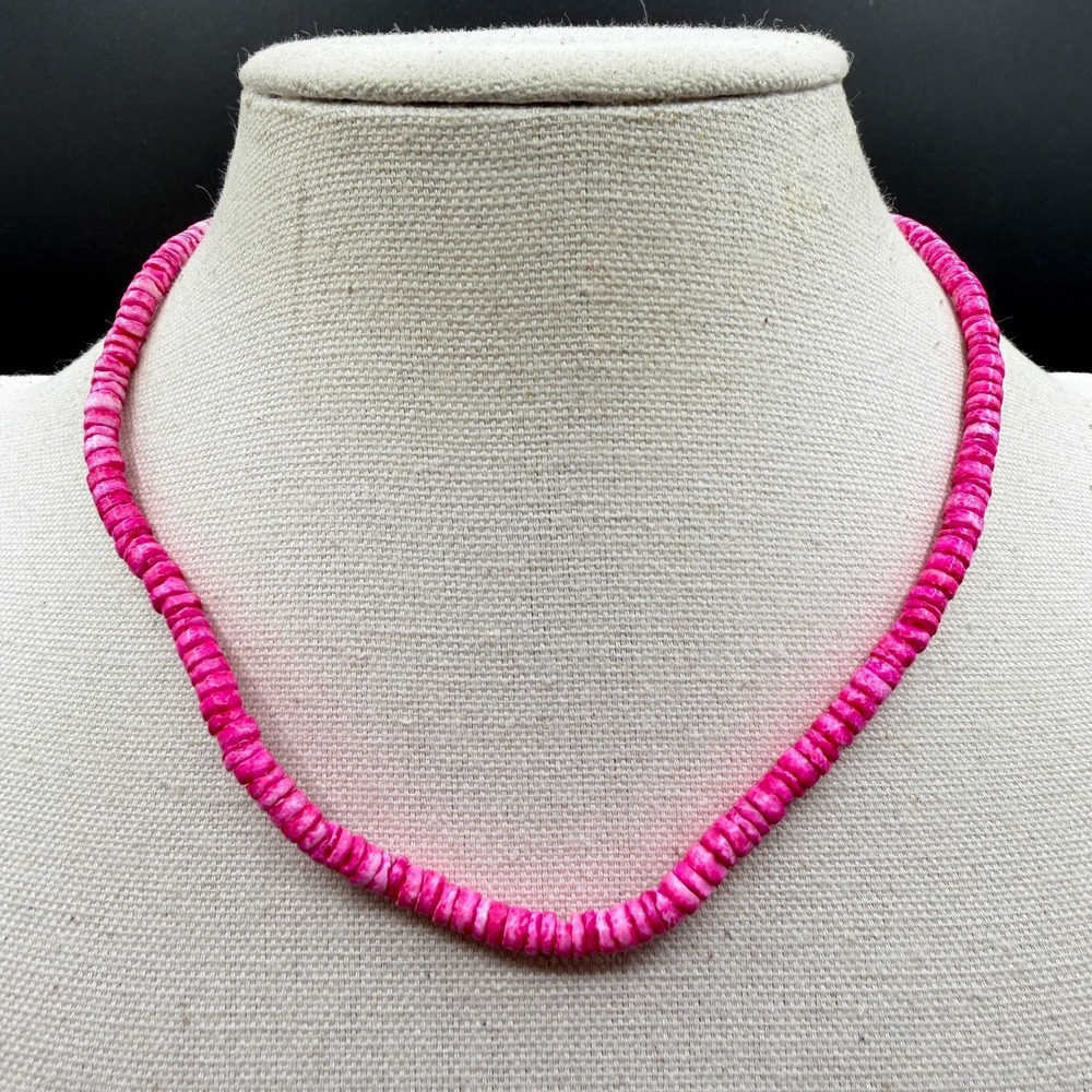 Hot Pink Dyed Shell Heishi Bead Necklace Choker Coastal Boho Beach Jewelry Gift